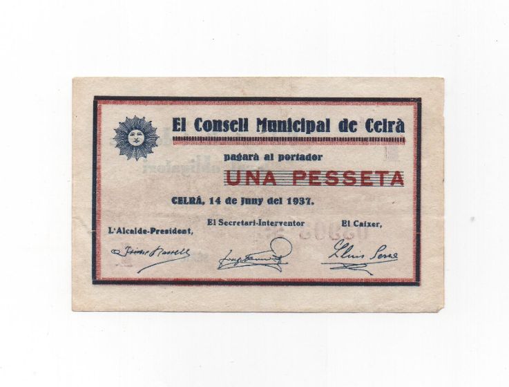 ESPAÑA BILLETE LOCAL REPUBLICANO DEL AÑO 1937 DE 1 PESETA. CONSEJO MUNICIPAL DE CELRÀ